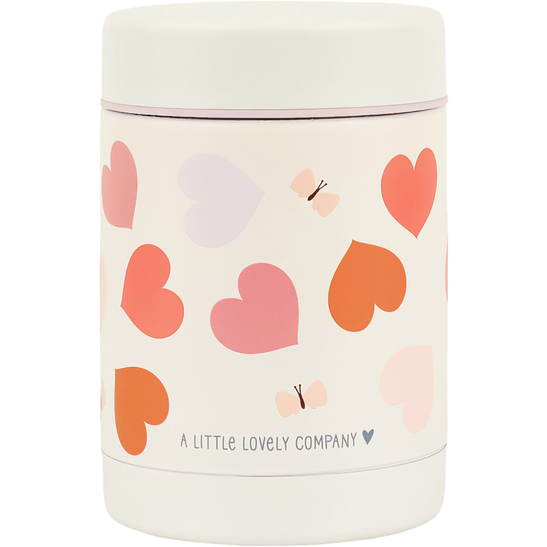 Een A Little Lovely Company RVS voedselpot thermos met een patroon van roze en oranje hartjes.