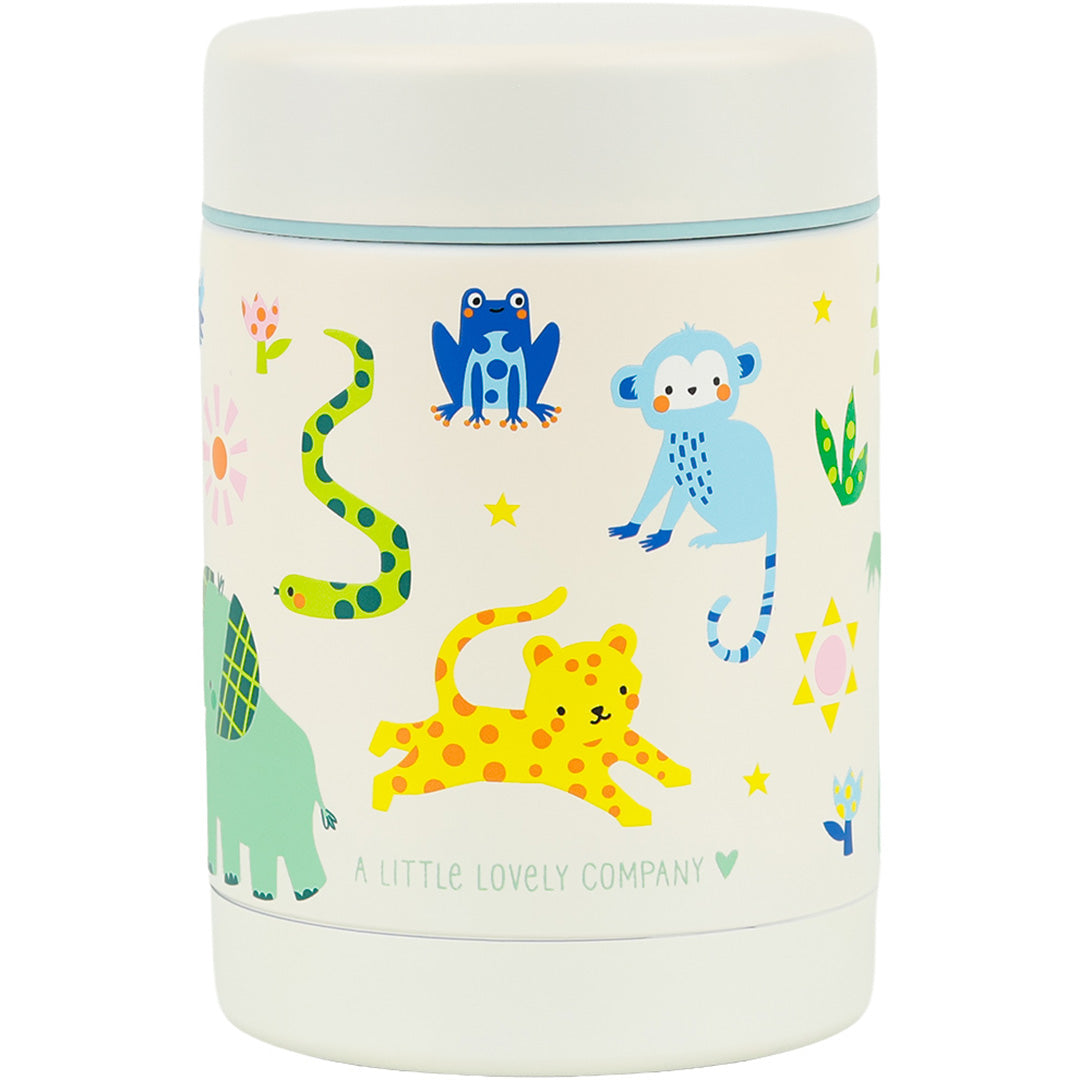 A Little Lovely Company thermos voedselpot met jungle dierenpatroon, inclusief olifant, slang, kikker, aap en luipaard.