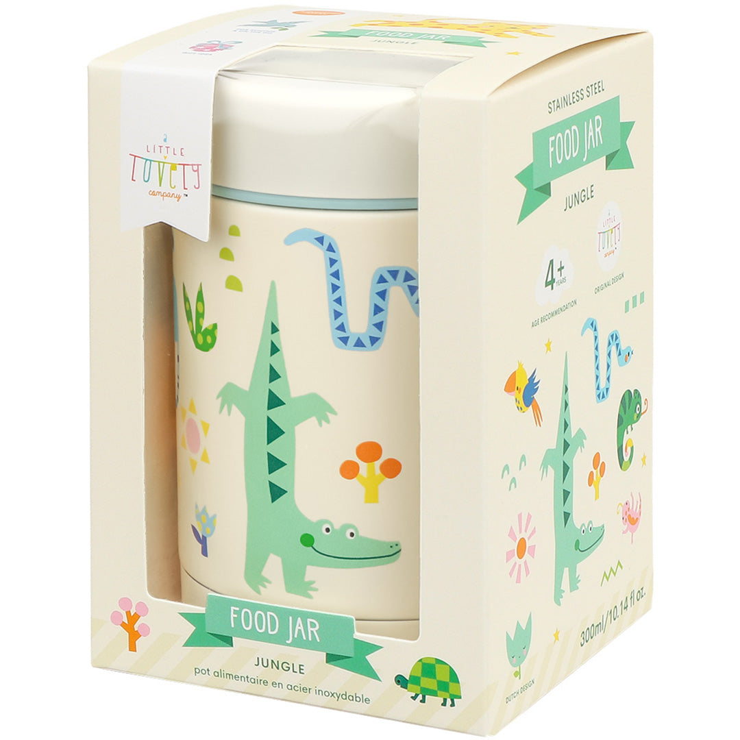 De A Little Lovely Company thermos voedselpot met jungle thema in de originele kartonnen verpakking.