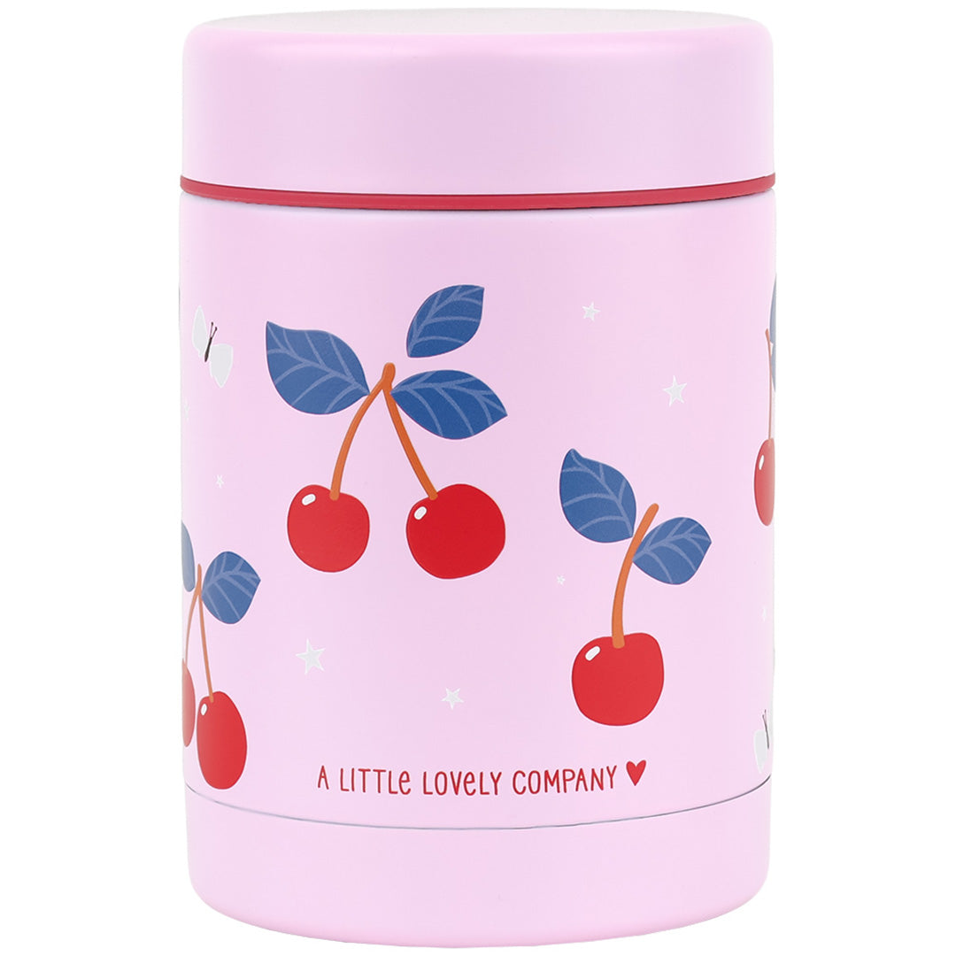 A Little Lovely Company roze thermos voedselpot met kersenpatroon en sterren.