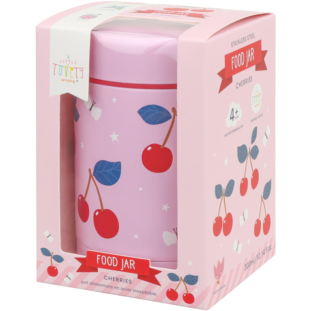 De A Little Lovely Company roze thermos voedselpot met kersenpatroon in de bijpassende productverpakking.