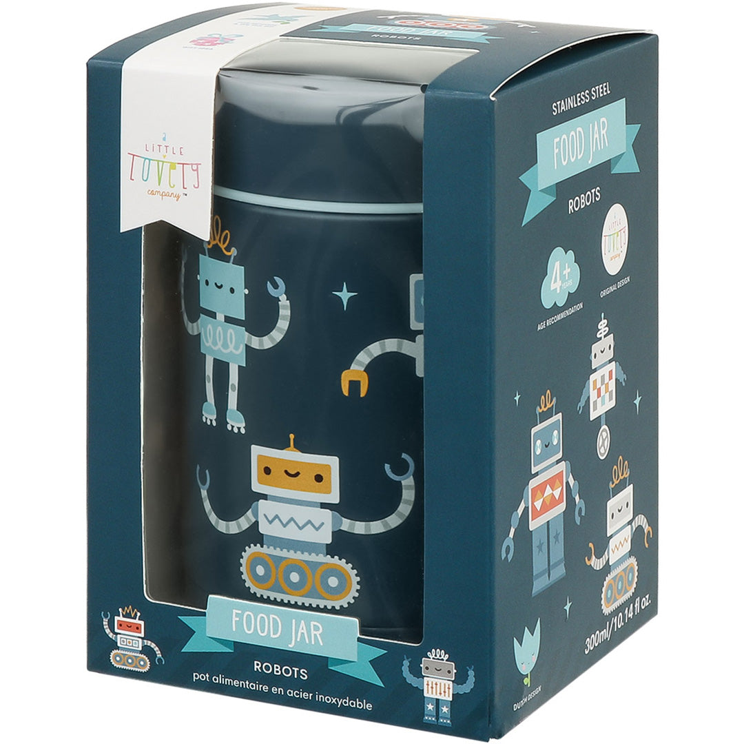 De verpakking van de A Little Lovely Company thermos voedselpot met robotfiguren.