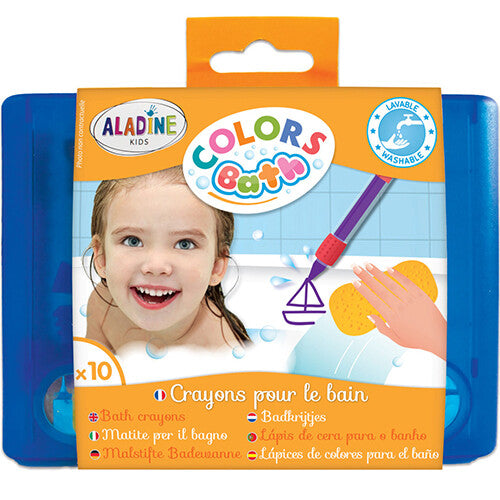De verpakking van Aladine Colors Bath badkrijtjes, met een lachend kind dat in bad tekent.