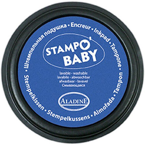 Aladine Stampo Baby blauw stempelkussen met de merknaam en productinformatie.