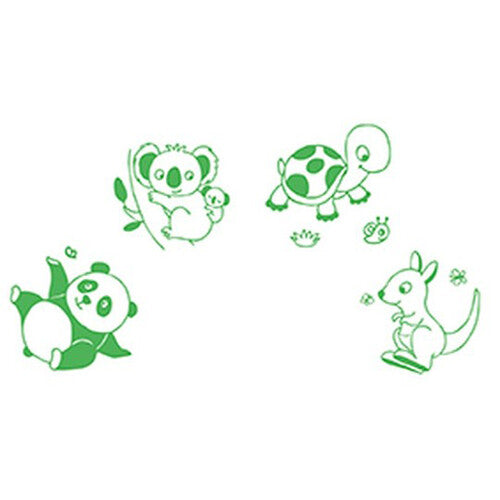Vier groene afdrukken van Aladine baby stempels met een koala, schildpad, panda en kangoeroe.