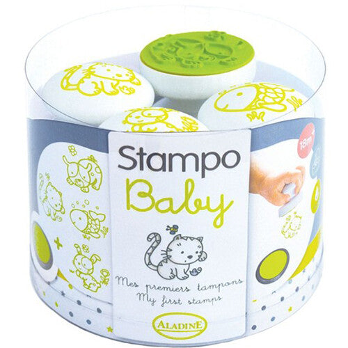 Verpakking van de Aladine Stampo Baby stempelset met vier huisdierenstempels en een groen stempelkussen.