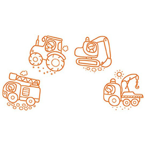 Vier oranje afdrukken van voertuigen: een tractor, graafmachine, brandweerwagen en takelwagen.