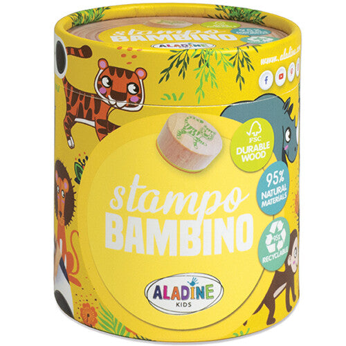 Aladine Stampo Bambino savanne stempels in ronde kartonnen verpakking met dierenillustraties.