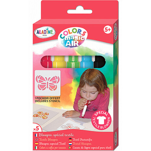 De verpakking van de Aladine Colors Magic Air textiel blaasstiften met sjabloon, met een kind dat het product demonstreert.