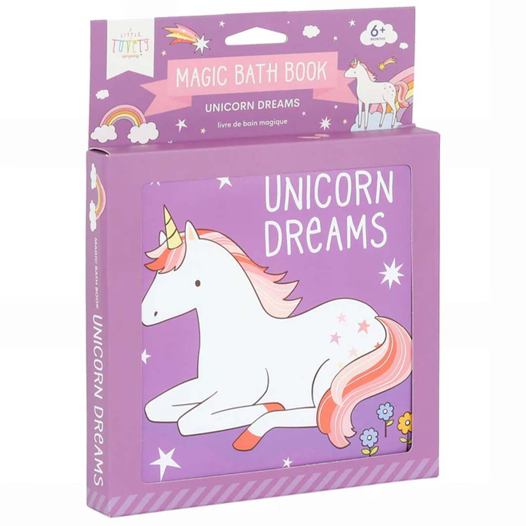 De verpakking van het a little lovely company magische badboekje 'Unicorn Dreams' met een eenhoorn op de voorkant.