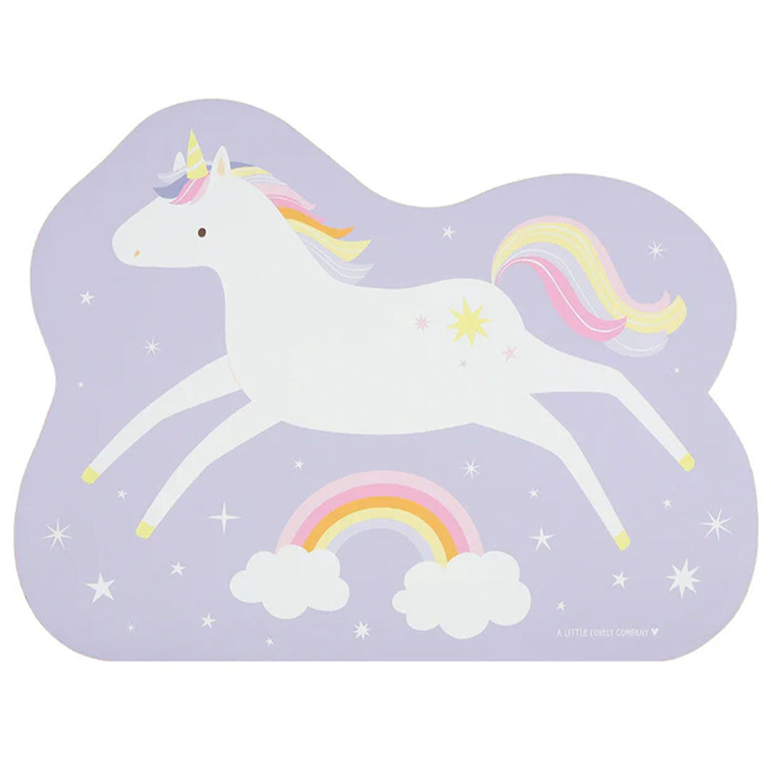 A Little Lovely Company paarse placemat met een springende eenhoorn en regenboog.