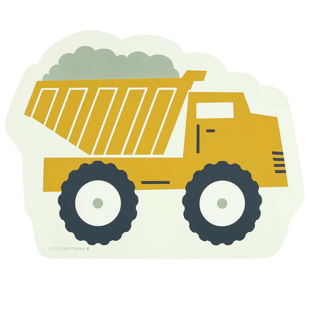 A Little Lovely Company gele vinyl placemat in de vorm van een kiepwagen met lading.