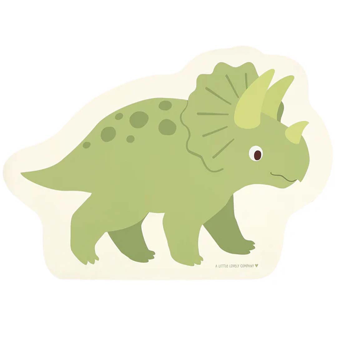 A Little Lovely Company placemat in de vorm van een groene triceratops dinosaurus.
