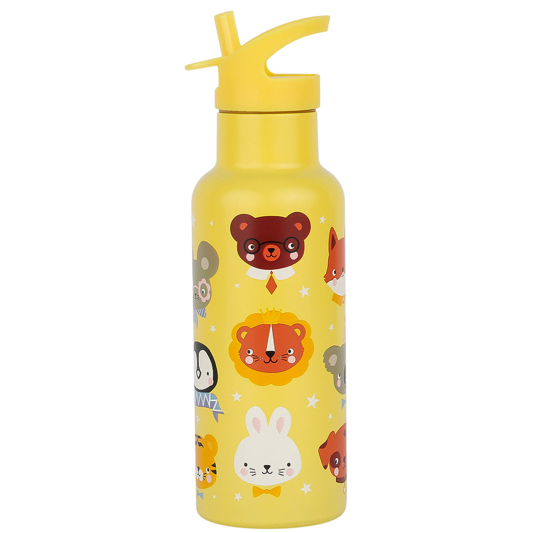 Een gele a little lovely company kinderdrinkfles van roestvrij staal met een gele drinktuit en een patroon van dierenvrienden en sterren.