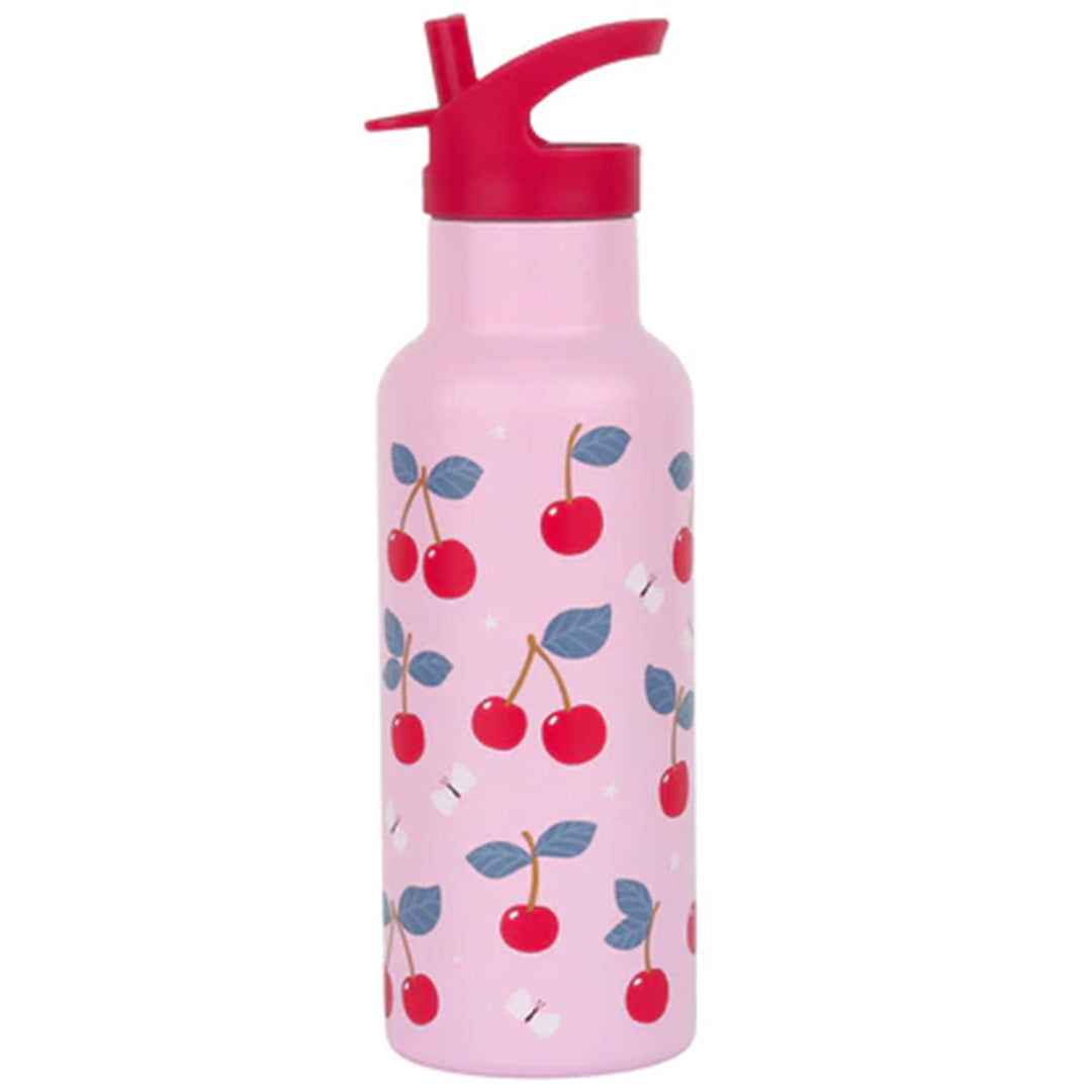 A Little Lovely Company roze kinder drinkfles van roestvrij staal met kersenpatroon en rode drinktuit.