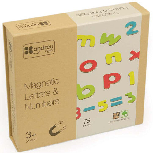 Andreu Toys verpakking van magnetische letters en cijfers, met kleurrijke voorbeelden en de tekst 'Magnetic Letters & Numbers'.
