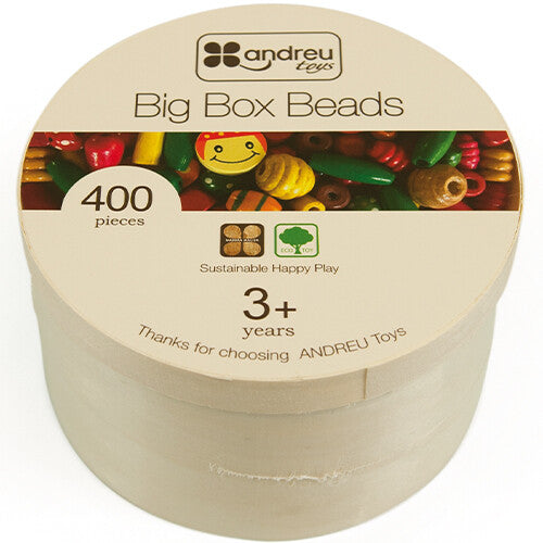 De Andreu Toys Big Box Beads, een gesloten ronde houten doos met het productlabel '400 pieces' en '3+ years'.