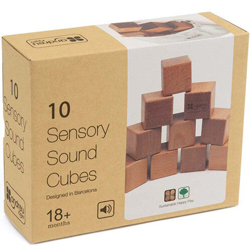 De verpakking van de Andreu Toys 10 sensorische houten blokken met geluid.
