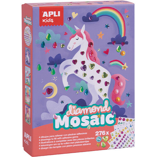 APLI kids knutselset mozaïek met eenhoorn en glimmende diamanten op de voorkant van de verpakking.