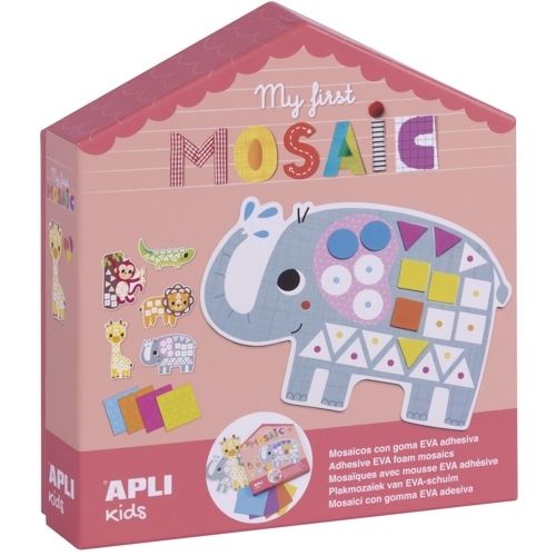 Roze huisvormige verpakking van de APLI Kids 'My first MOSAIC' hobbyset met een olifant en andere wilde dieren.