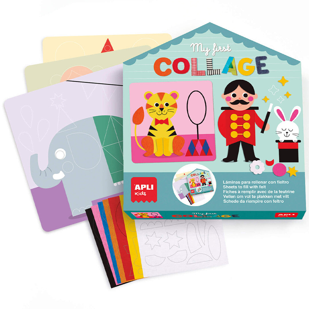 Apli Kids knutselset vilt circus met de huisvormige verpakking, collagekaarten en losse viltstukjes.