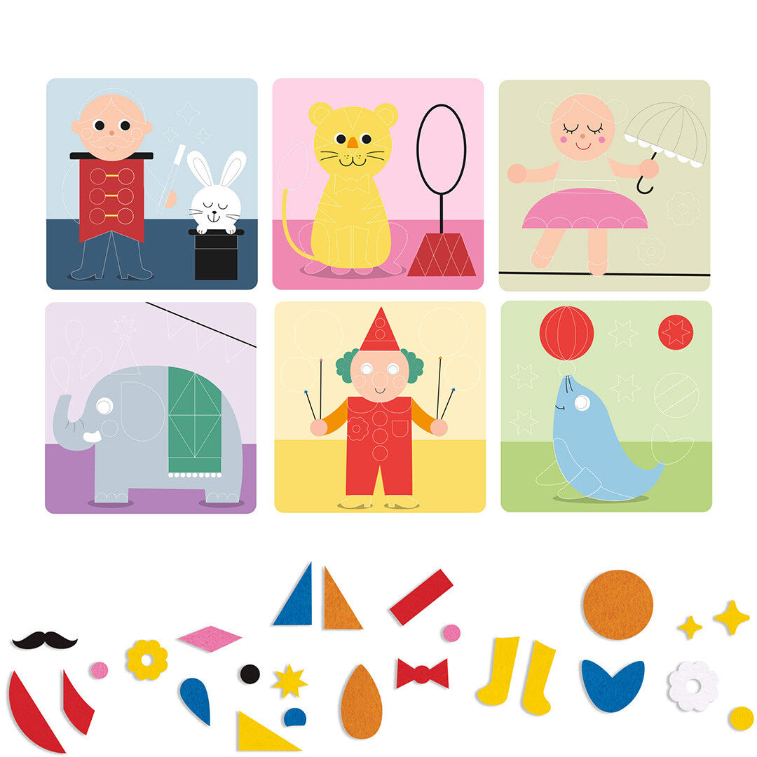 Zes verschillende circus-thema collagekaarten en een verzameling kleurrijke viltvormpjes.
