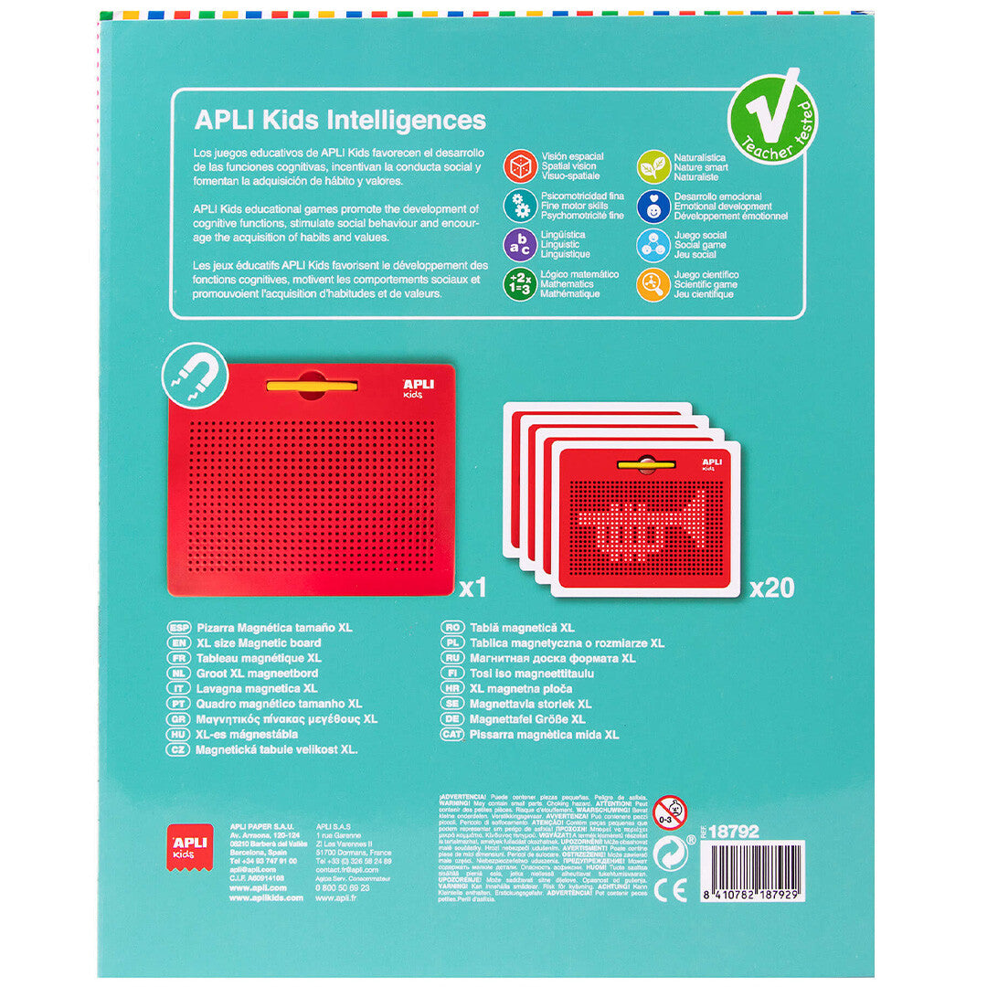 Achterkant van de verpakking van het APLI kids magnetisch tekenbord XL met productinformatie.