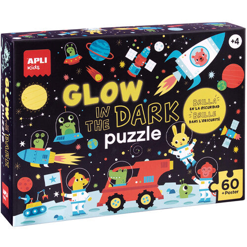 De voorkant van de Apli Kids glow-in-the-dark puzzelverpakking met een ruimte-thema en astronaut-dieren.