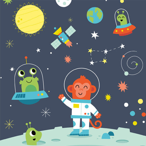 Een detail van de ruimtepuzzel met een astronaut-aap, een alien in een vliegende schotel en planeten.