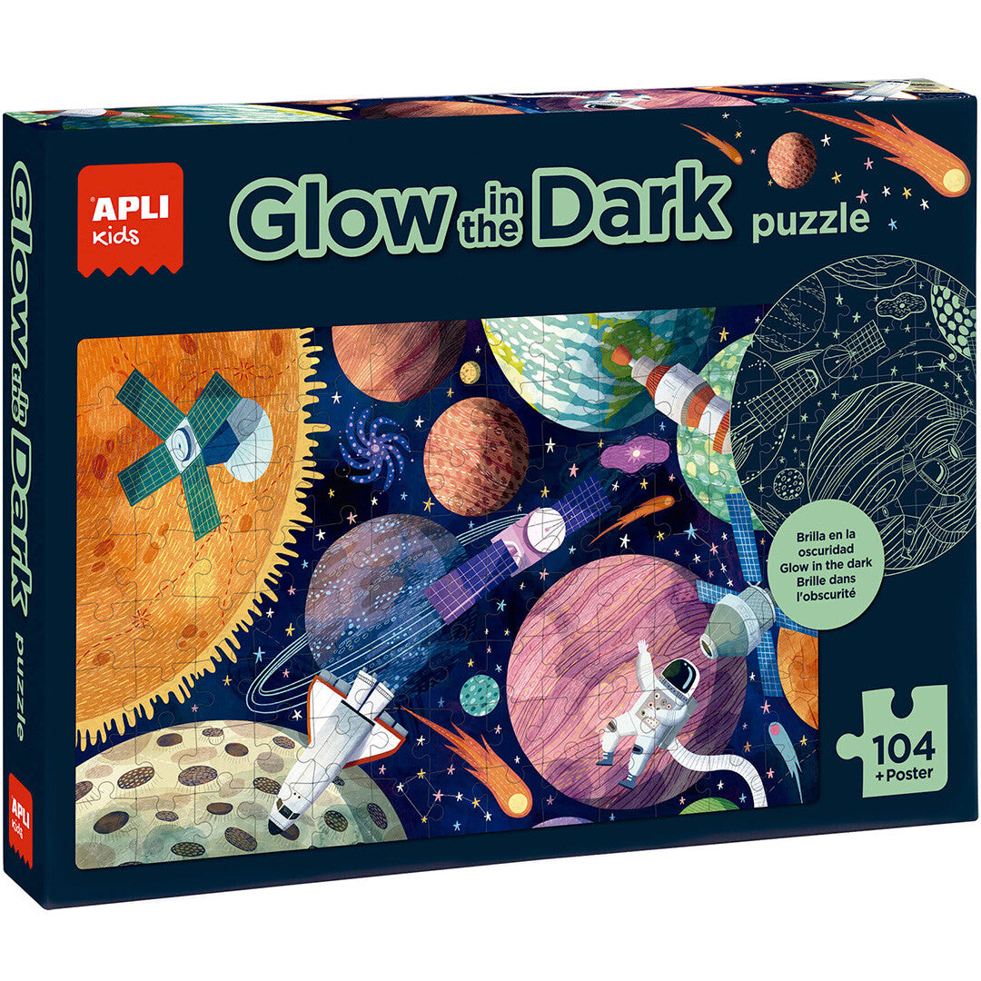 APLI Kids glow in the dark ruimtepuzzel verpakking met planeten, raketten en astronauten.