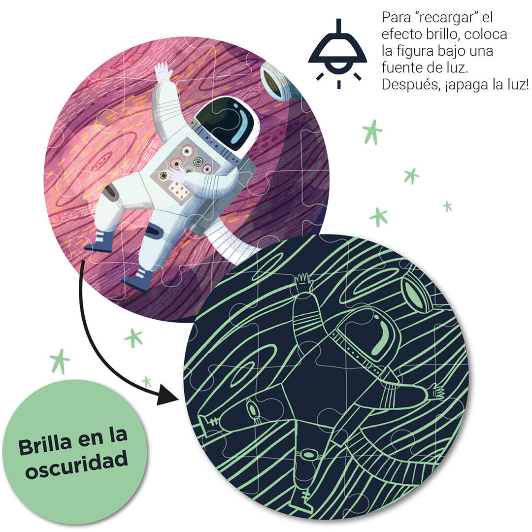 Demonstratie van de glow-in-the-dark functie van de APLI Kids ruimtepuzzel met een oplichtende astronaut.