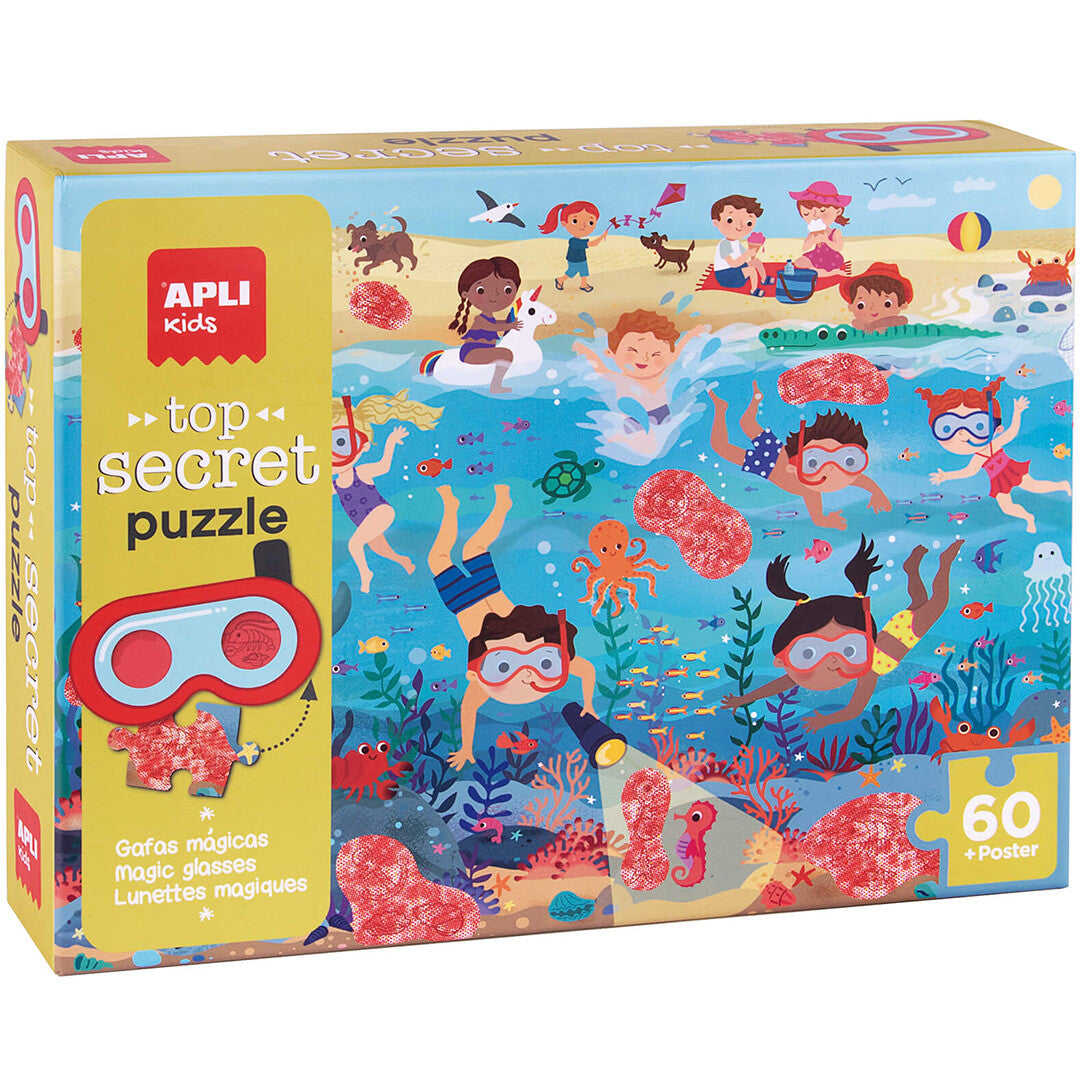 Apli Kids kinderpuzzel verpakking met een illustratie van spelende kinderen op het strand en onder water.