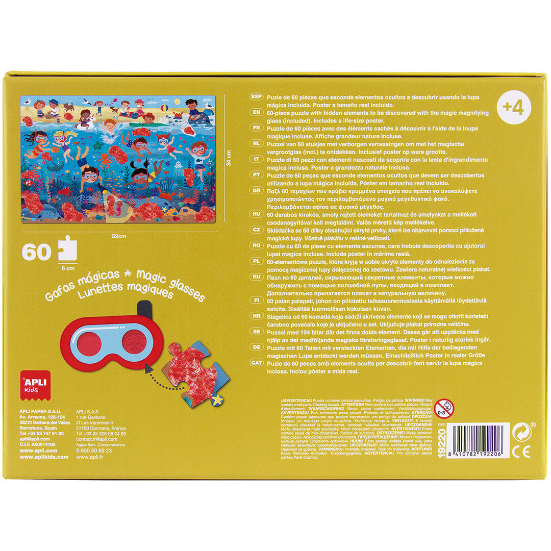 Achterkant van de Apli Kids kinderpuzzel verpakking met de complete puzzelafbeelding en productinformatie.