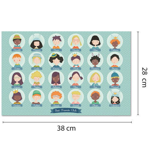 Infographic van een bordspelcomponent met 24 verschillende cartoonfiguren en afmetingen.