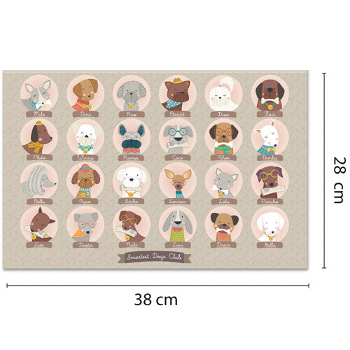 Infographic van een bordspelcomponent met 24 verschillende cartoonhonden en afmetingen.