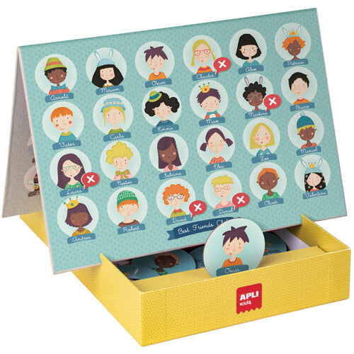 Detail van het APLI Kids Who is Who? raadspel bordspel met figuren, inclusief een karakterkaart.