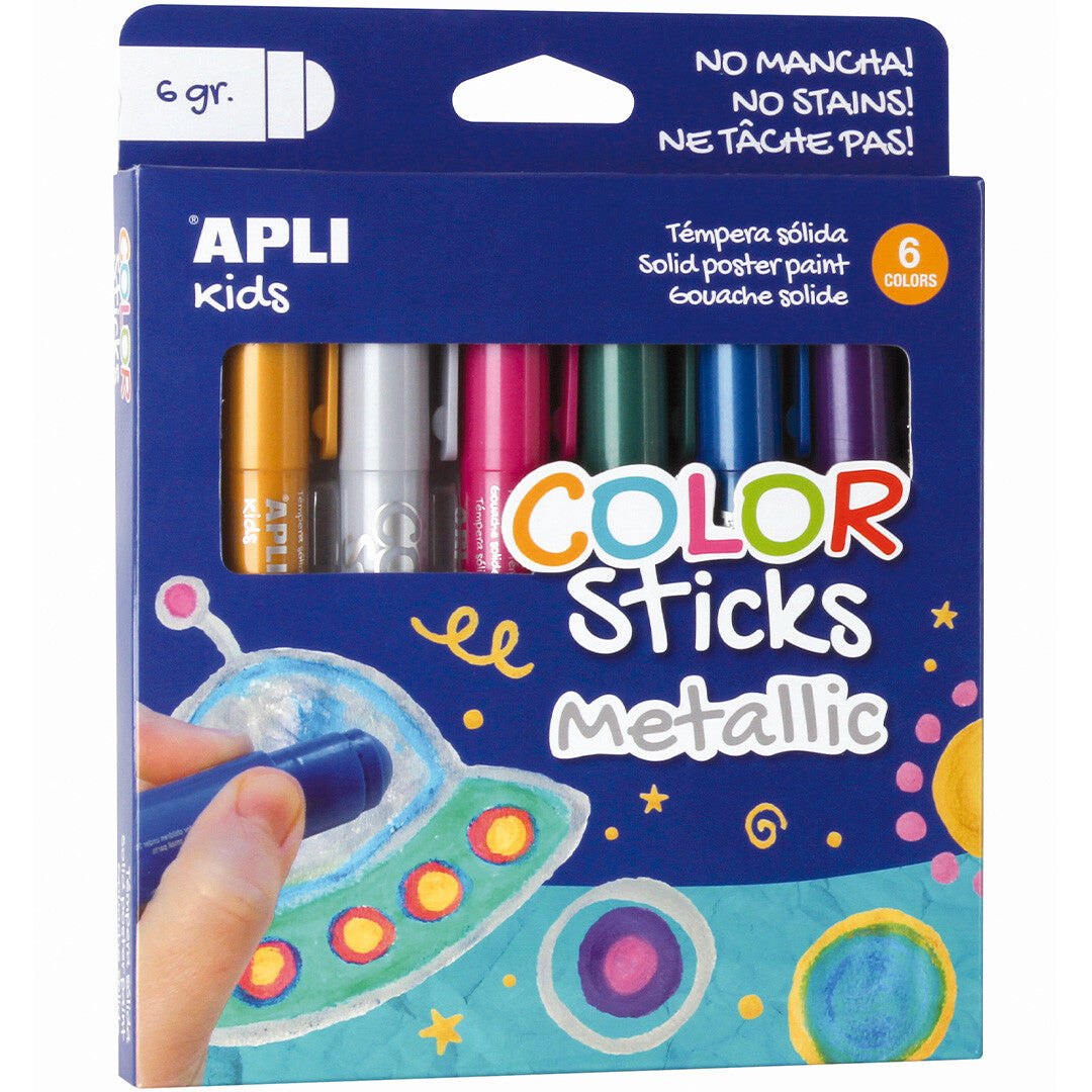 Verpakking van APLI Kids metallic verfstiften voor kinderen, met een hand die een UFO kleurt.