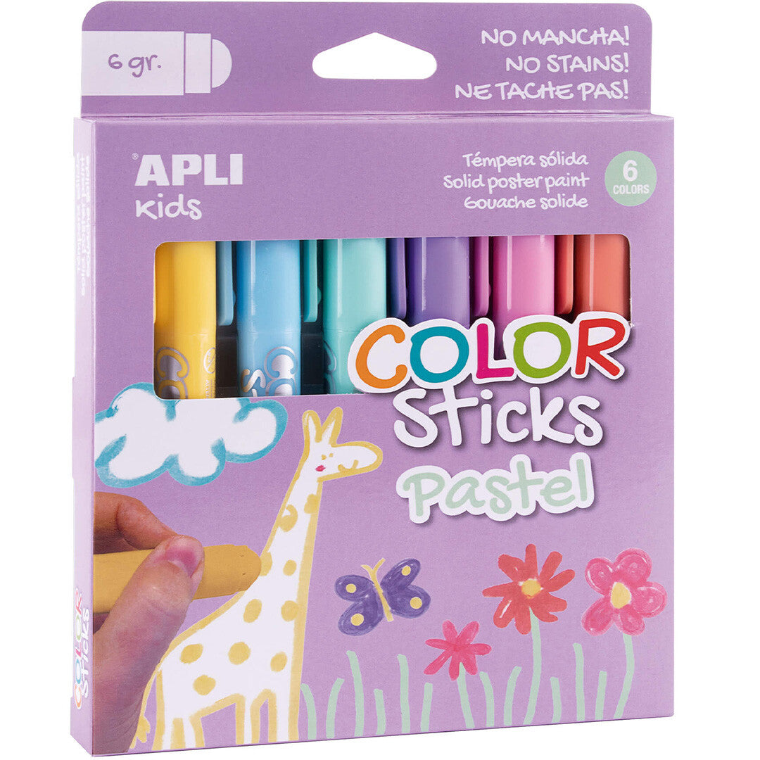 Verpakking van APLI Kids pastel verfstiften met 6 kleuren en een tekening van een giraffe.