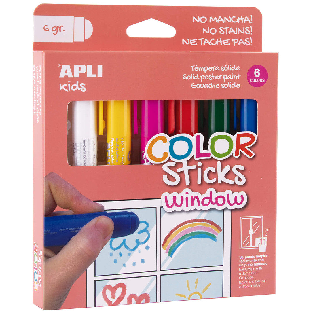 Schuine weergave van de APLI kids verpakking met 6 verfstiften voor op glas.