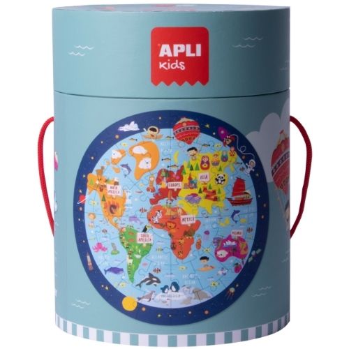 APLI kids vloerpuzzel wereld verpakking, een ronde doos met een wereldkaart design.