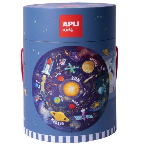 APLI kids vloerpuzzel zonnestelsel in blauwe cilindervormige verpakking.
