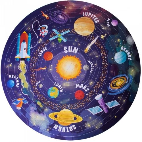 Ronde vloerpuzzel van het zonnestelsel met planeten, de zon en ruimtevaartuigen.