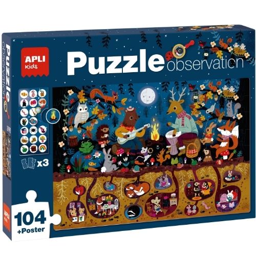 Verpakking van een Apli Kids zoekpuzzel met 104 stukjes, waarop bosdieren muziek maken in een nachtelijk bos en ondergrondse holen.