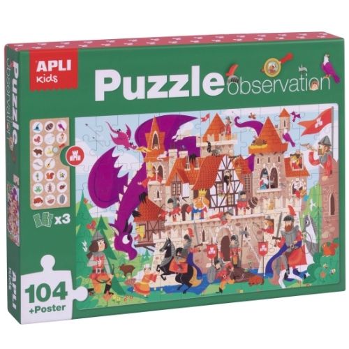 Verpakking van de APLI Kids zoekpuzzel met een illustratie van een ridderkasteel, draak en ridders.