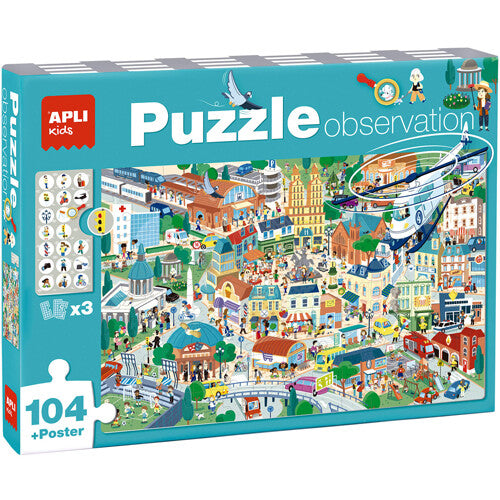 APLI Kids legpuzzel 'Stad' verpakking met een drukke stadsafbeelding en de tekst 'Puzzle observation'.