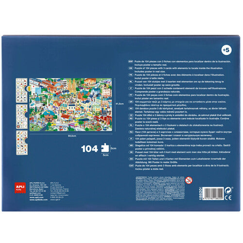 Achterkant van de APLI Kids legpuzzelverpakking met een kleine afbeelding van de puzzel en productinformatie.