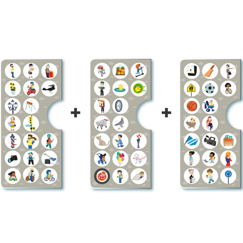 Drie observatiekaarten met kleine pictogrammen van figuren en voorwerpen voor de APLI Kids legpuzzel.