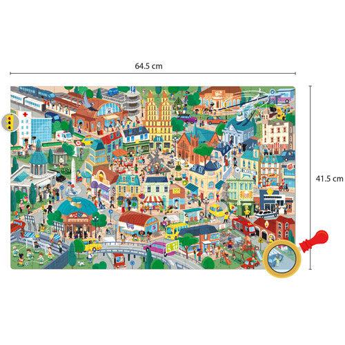 De complete APLI Kids observatie legpuzzel met een stadsafbeelding en afmetingen.