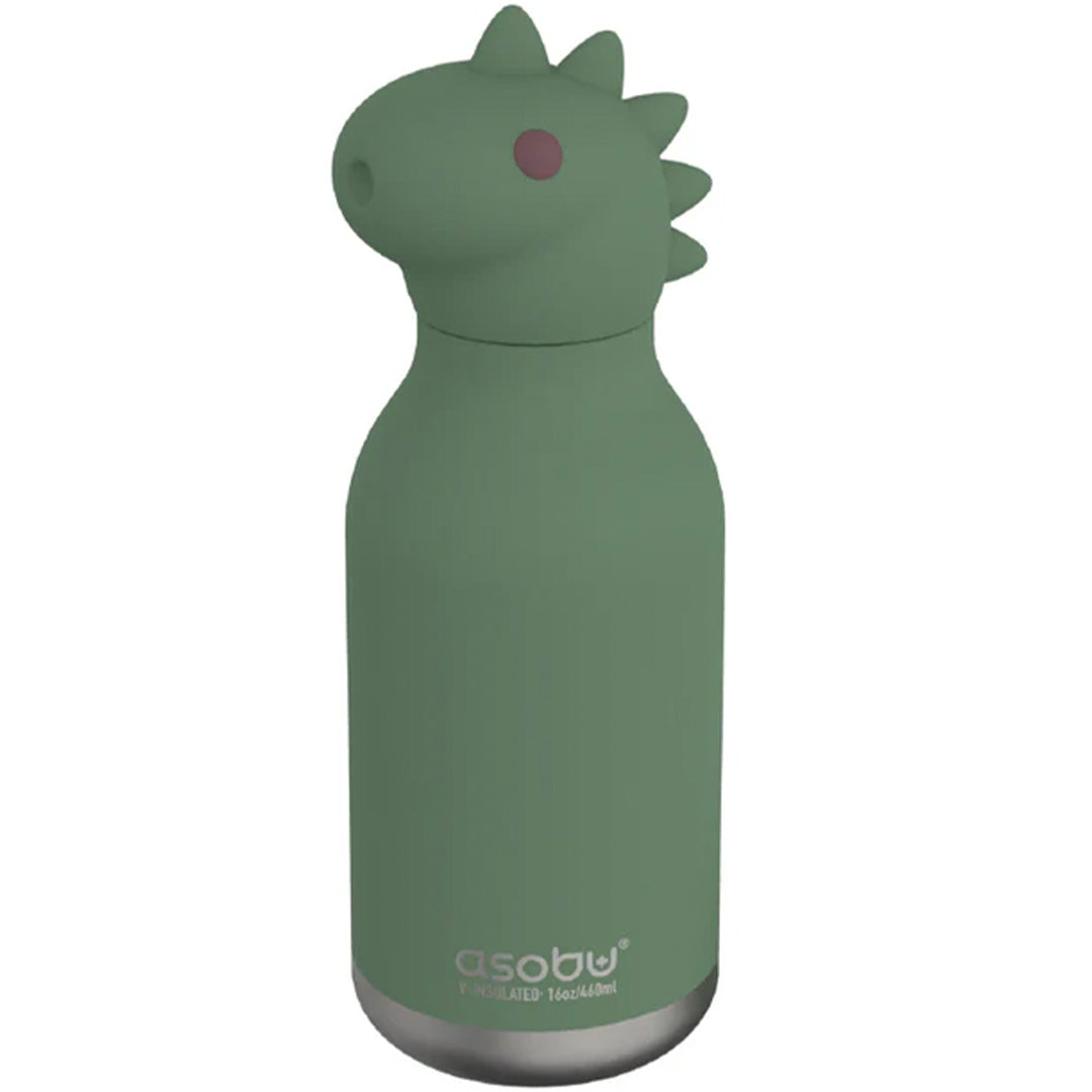 Groene asobu dinosaurus drinkfles van roestvrij staal, staand afgebeeld.