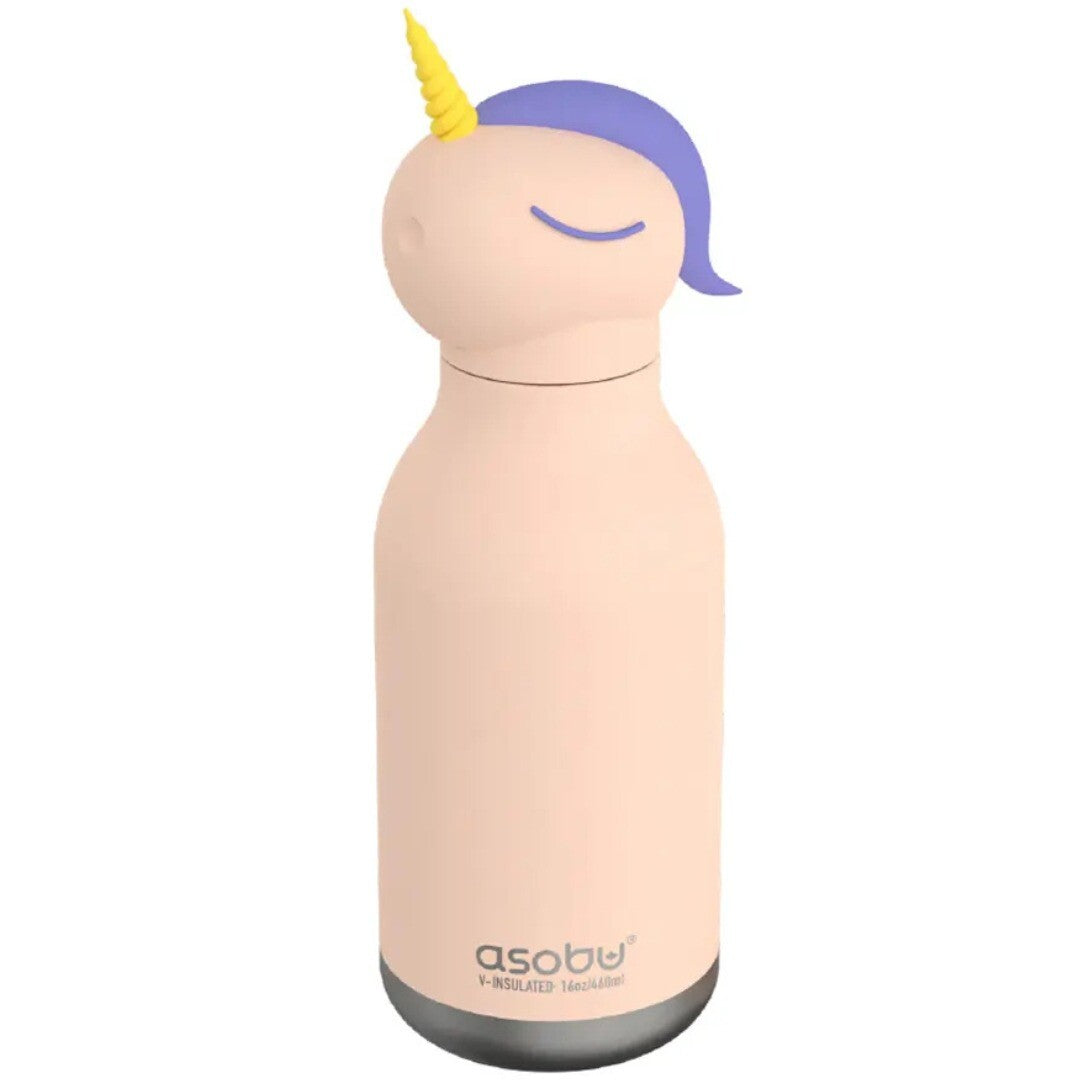 Asobu eenhoorn drinkfles van roestvrij staal in het lichtroze met een geel hoorntje en paarse manen.